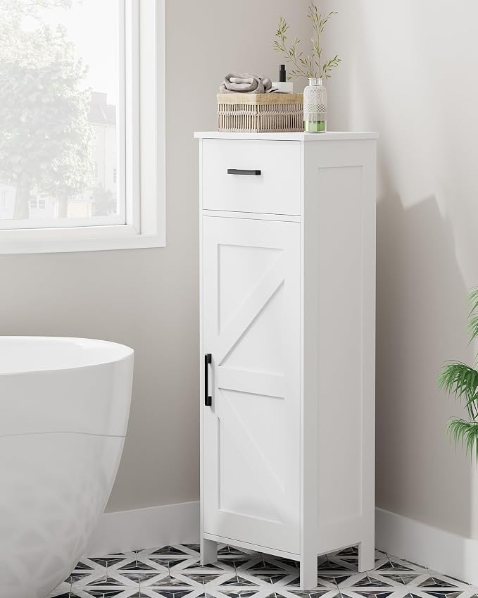 Homhedy Bathroom Storage Cabinet with Drawer & Adjustable Shelf | Freestanding Storage Cabinet for Bathroom, Entryway, Living Room & Kitchen, White, 11.8"W
