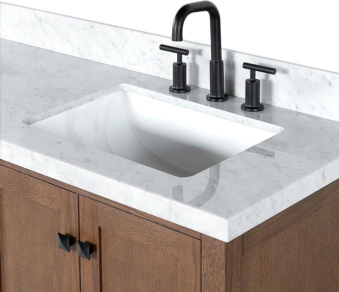 ARIEL Cambridge 60-inch Bathroom Vanity with Sink,Solid Wood, 1.5-inch Italian Carrara Marble Countertop, Double Rectangular Porcelain Sink, 4 Soft Closing Doors, 6 Dovetail Drawers, Brown Oak
