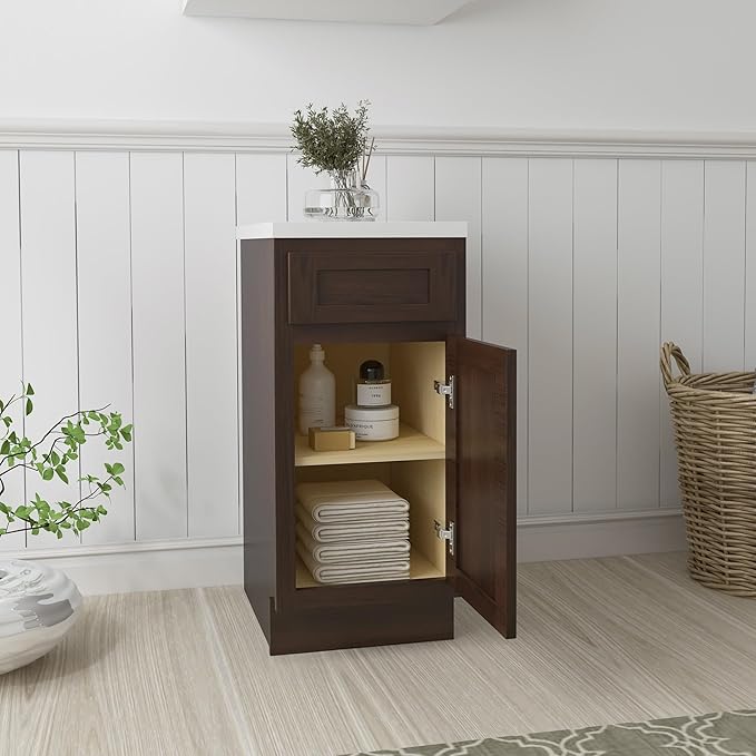 HomeBeyond 15 Inch Bathroom Vanity Base Only, Single Vanity Cabinet with Dove-Tailed Drawer, Composable Floor Mount Cabinets Without Top, Brown