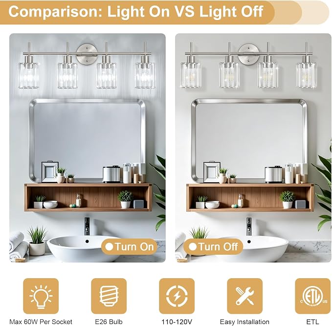 Brushed Nickel Bathroom Light Fixtures, Square, 4-Light | Vanity Lights with Crystal Shades, Modern Bathroom Lighting Fixtures over Mirror (Bulbs Not Included, E26)