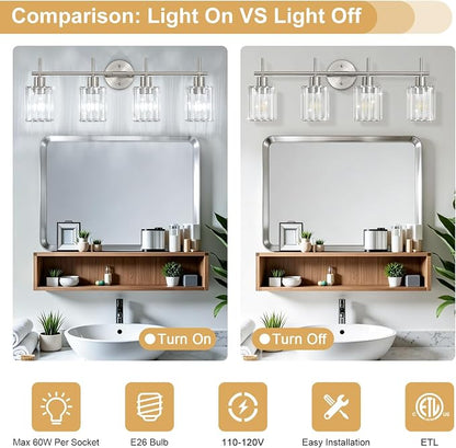 Brushed Nickel Bathroom Light Fixtures, Square, 4-Light | Vanity Lights with Crystal Shades, Modern Bathroom Lighting Fixtures over Mirror (Bulbs Not Included, E26)