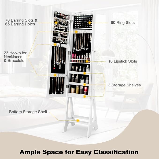NAFORT Standing Mirror Jewelry Cabinet with 12 LED Lights, Large Storage Mirror Full Length, Jewelry Armoire with 3 Storage Shelves, 3 Angle Adjustments, White