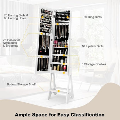 NAFORT Standing Mirror Jewelry Cabinet with 12 LED Lights, Large Storage Mirror Full Length, Jewelry Armoire with 3 Storage Shelves, 3 Angle Adjustments, White