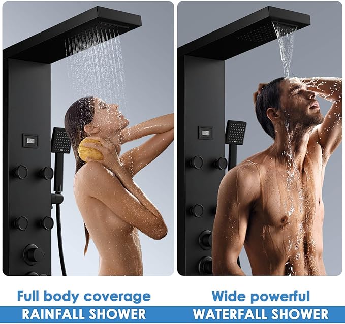 ROVOGO Shower Panel Tower System with Rainfall Waterfall Shower Head, 6 Body Jets, Handheld and Temp Display, Stainless Shower Column with Mixer Valve, All Black