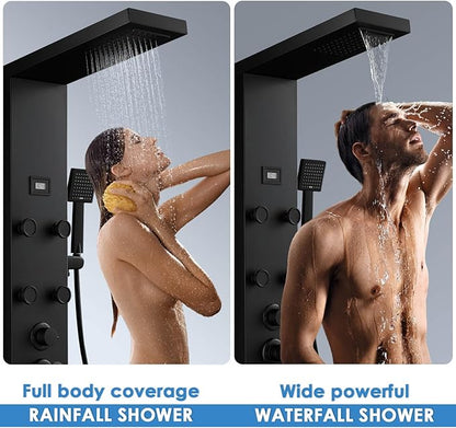 ROVOGO Shower Panel Tower System with Rainfall Waterfall Shower Head, 6 Body Jets, Handheld and Temp Display, Stainless Shower Column with Mixer Valve, All Black