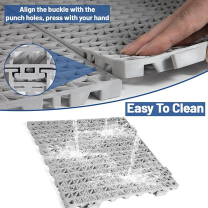 12PCS Drainage Interlocking Floor Tiles 11.8" x 11.8", Modular Interlocking Cushion Soft PVC Floor Non-Slip Splicing Waterproof Mat for Pool, Shower, Patio, Balcony, Bathroom, Kitchen, Yard（Grey）