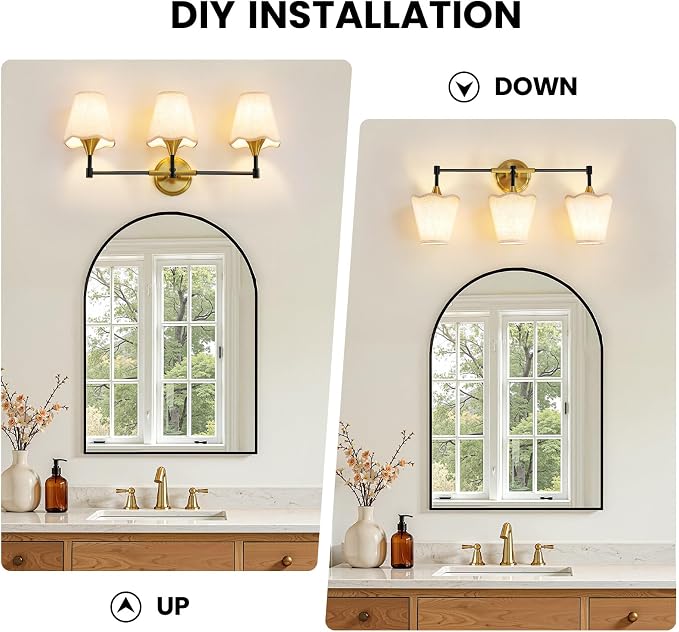 Black Gold Bathroom Vanity Light: 3 Light Vanity Lighting Fixtures with Flared Fabric Shade, Farmhouse Bathroom Lighting Fixtures over Mirror, Wall Sconce Lights for Bedroom Hallway Living Room