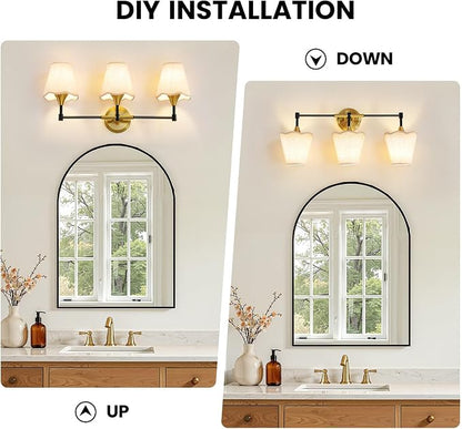 Black Gold Bathroom Vanity Light: 3 Light Vanity Lighting Fixtures with Flared Fabric Shade, Farmhouse Bathroom Lighting Fixtures over Mirror, Wall Sconce Lights for Bedroom Hallway Living Room