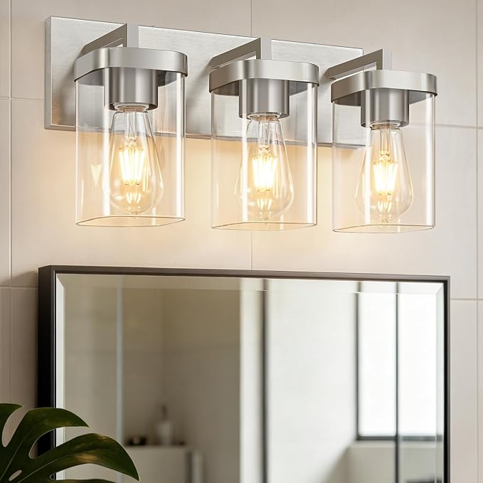 3-Light Bathroom Lighting Fixtures over Mirror, Brushed Nickel Vanity Lights with Square Transparent Glass Shade. Modern Bathroom Vanity Light for Mirror Kitchen, Living Room, Gallery, Hallway