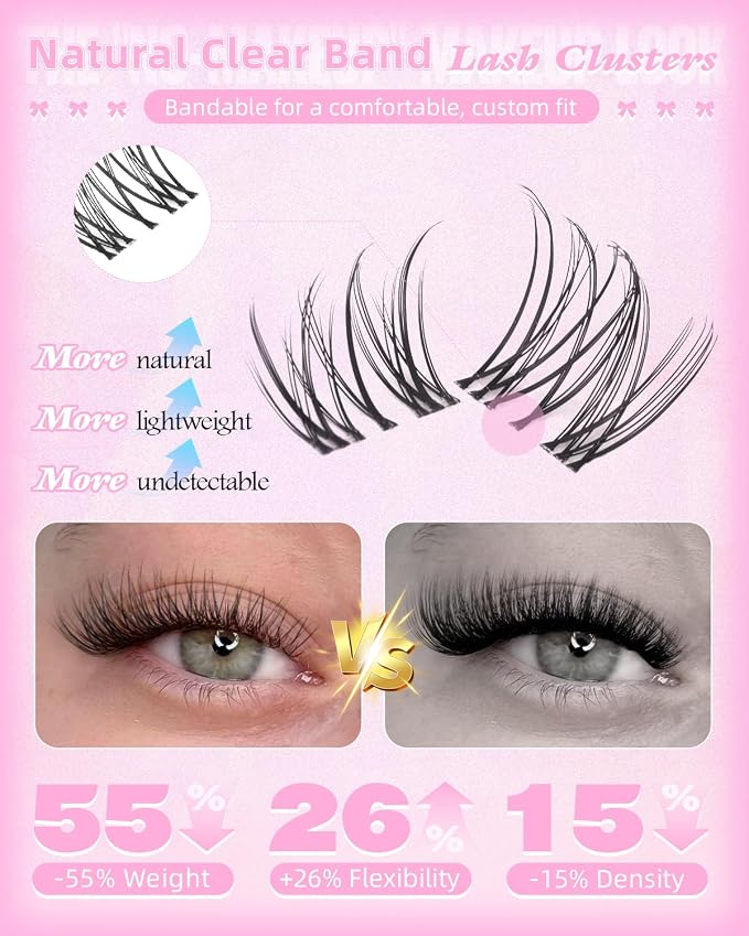 Natural Lash Clusters Only 12mm Cluster Eyelash Extensions Short Wispy Eyelash Clusters Velure Lashes Clusters with Clear Thin Band Soft Ultra-Light C Curl Individual Lashes for Clean Makeup
