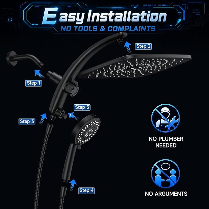Veken 14" Luxurious Shower Head with Handheld,Full Body Coverage,Power Wash | Magnetic Hand Held,Best Dual Rain Shower Heads Combo,Large Rainfall,Double Detachable Showerhead,Ducha Para Baño,Matte Black