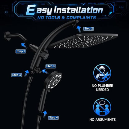 Veken 14" Luxurious Shower Head with Handheld,Full Body Coverage,Power Wash | Magnetic Hand Held,Best Dual Rain Shower Heads Combo,Large Rainfall,Double Detachable Showerhead,Ducha Para Baño,Matte Black
