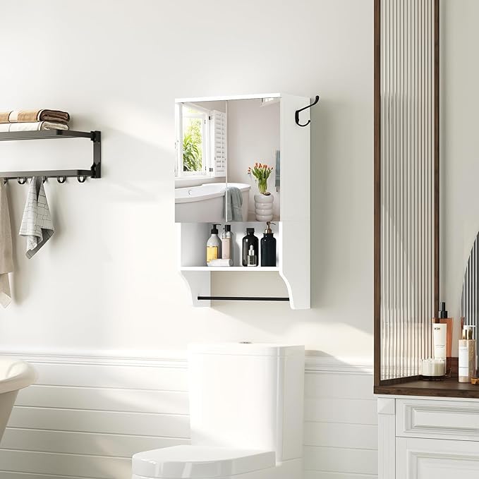 Bathroom Wall Cabinet with Mirror, Medicine Cabinet with 2 Door and Adjustable Shelf, Wall Mounted Over The Toilet Storage Cabinet with Towel Bar for Bathroom Laundry Room Kitchen, White