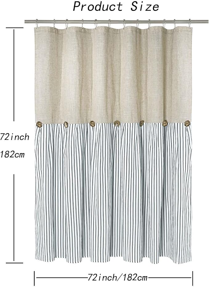DOSLY IDÉES Farmhouse Shower Curtain, Beige and Blue Stripe, Button Curtain, Linen and Cotton Woven Fabric, Rustic Charm Country Chic Style, 72x72 in