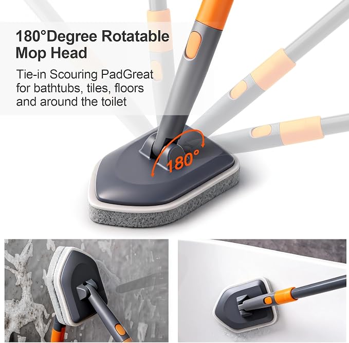 CLEANHOME Tile Tub Scrubber Brush for Cleaning Toilet Wall,Bathtub,Sink | 3 Different Function Cleaning Heads, 56" Extendable Long Handle, Bathroom No Scratch Shower Scrubber