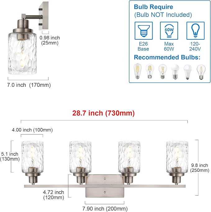 MELUCEE Brushed Nickel Bathroom Vanity Light with Clear Hammered Glass | 4-Light Wall Light Fixtures Modern Wall Lamp for Powder Room Bedroom Porch (Patent No.: US D963914 S)