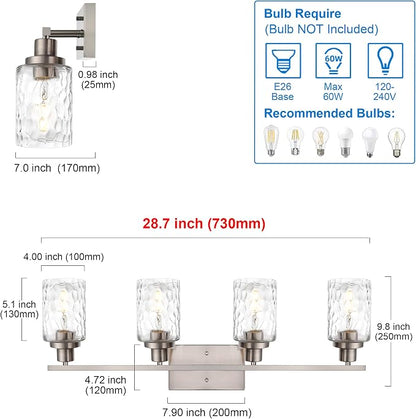 MELUCEE Brushed Nickel Bathroom Vanity Light with Clear Hammered Glass | 4-Light Wall Light Fixtures Modern Wall Lamp for Powder Room Bedroom Porch (Patent No.: US D963914 S)