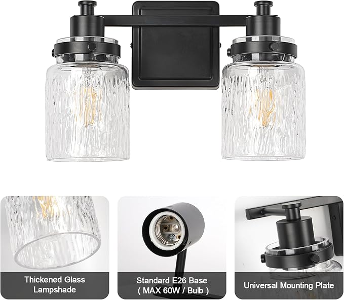 2 Light Bathroom Light Fixtures Farmhouse Black Vanity Lights | ETL Certificate, Easy to Install,Wall Mount Up or Down,Hammered Glass Lampshade,E26 Socket,Hardwired,120V