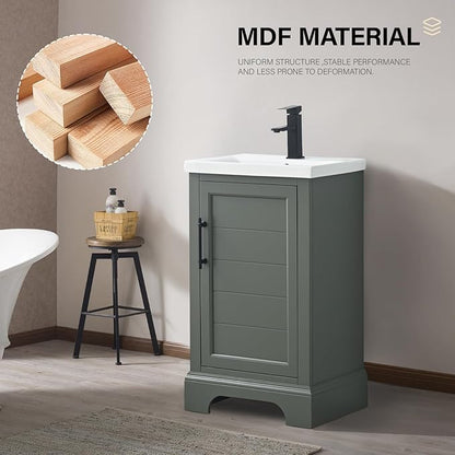HOMEBEYOND 20 Inch Bathroom Vanity with Single Sink & Ceramic Top, Vanity Cabinet with Center Countertop Basin, Soft-Closing Doors, Vintage Green