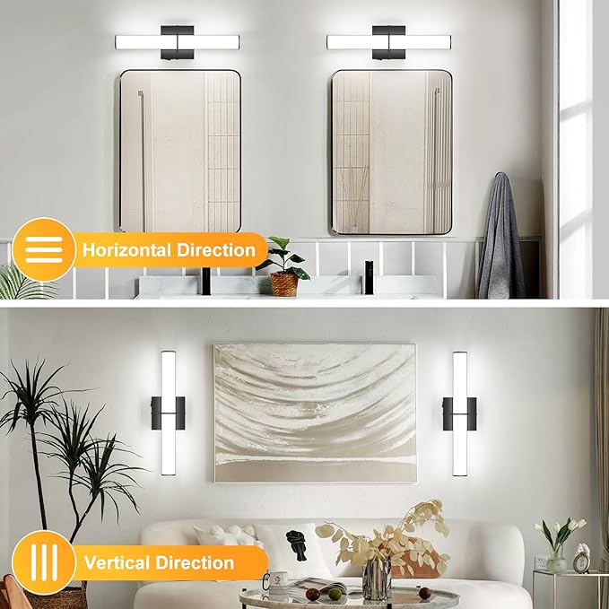 OOWOLF 2Pack 17.3Inch Black Vanity Light Fixture with Switch, 12W 5000K Led Bathroom Light Fixture Over Mirror, Hardwired Wall Light, 1200LM Vanity Light Bar for Mirror Bedroom Hallway Living Room