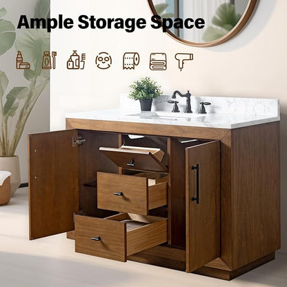 Vanity Art 48 inch Bathroom Vanity with Single Sink, Modern Wood Bath Vanity with Carrara Marble Top, Vanity Cabinet with Doors， Removable Shelf, Solid Wood Frame, Ceramic Sink, Tan, VA7048E