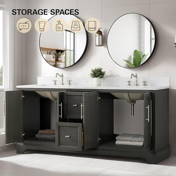 HOMEBEYOND 72 Inch Bathroom Vanity with Double Sink & Ceramic Top, Vanity Cabinet with Center Countertop Basin, Soft-Closing Doors, Backsplash, Sliver Grey