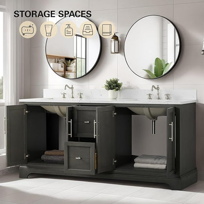 HOMEBEYOND 72 Inch Bathroom Vanity with Double Sink & Ceramic Top, Vanity Cabinet with Center Countertop Basin, Soft-Closing Doors, Backsplash, Sliver Grey