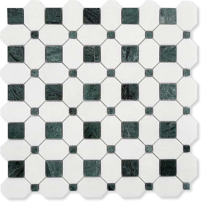 2 Inch Long Octagon Marble Mosaic Tile for Wall Floor, 5 Sheets | Water & Heat Resistant Polished Marble Backsplash Tiles for Kitchen Bathroom Fireplace Durable, Thassos+Medium Green, 5SQFT