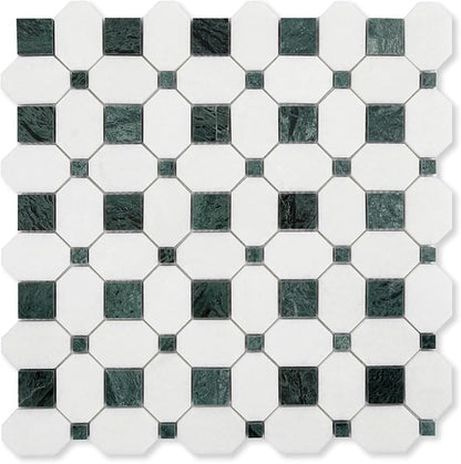 2 Inch Long Octagon Marble Mosaic Tile for Wall Floor, 5 Sheets | Water & Heat Resistant Polished Marble Backsplash Tiles for Kitchen Bathroom Fireplace Durable, Thassos+Medium Green, 5SQFT