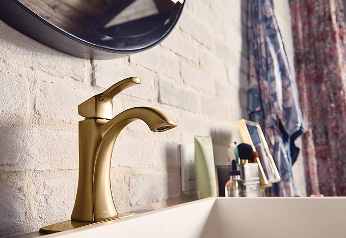 Moen Voss Brushed Gold One-Handle High-Arc Bathroom Faucet with Drain Assembly for Single-Hole Sink, 6903BG