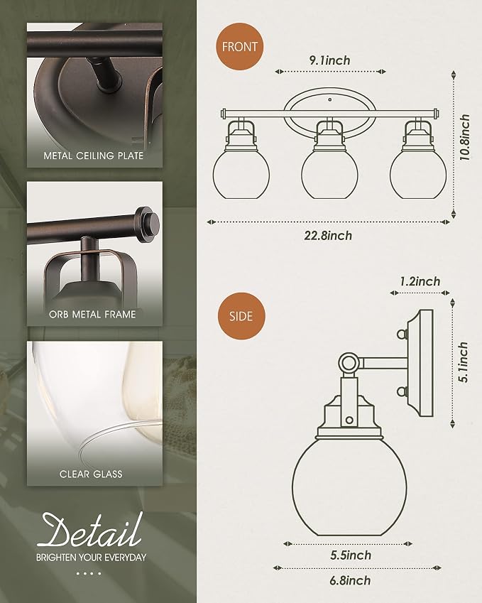 3-Light Farmhouse Bathroom Vanity Light Over Mirror | Oil Rubbed Bronze Vanity Lighting Fixture with Globe Clear Glass, Metal Frame, Wall Mounted, AD-2148-3W