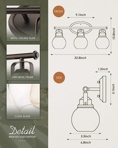 3-Light Farmhouse Bathroom Vanity Light Over Mirror | Oil Rubbed Bronze Vanity Lighting Fixture with Globe Clear Glass, Metal Frame, Wall Mounted, AD-2148-3W
