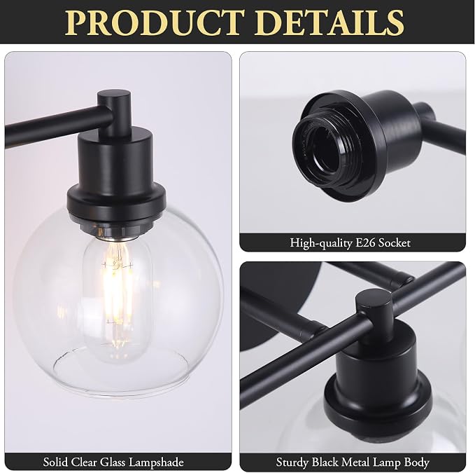 Bathroom Vanity Light 3 Light, Black Bathroom Light Fixtures with Clear Globe Glass Shade, Matted Black Wall Sconce Over Mirror for Kitchen, Living Room
