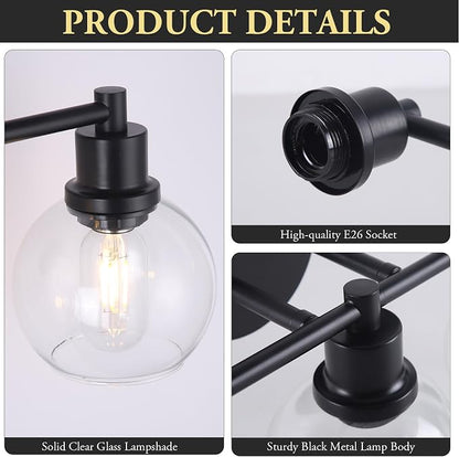 Bathroom Vanity Light 3 Light, Black Bathroom Light Fixtures with Clear Globe Glass Shade, Matted Black Wall Sconce Over Mirror for Kitchen, Living Room