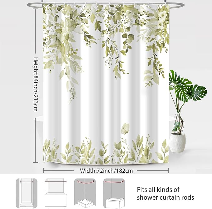 Beige Floral Eucalyptus Shower Curtain with Hooks, 72x84 Inch | Waterproof Fabric, Watercolor Leaves and Floral, Botanical Style, Machine Washable, Quick-Drying, for Hotel Bathroom