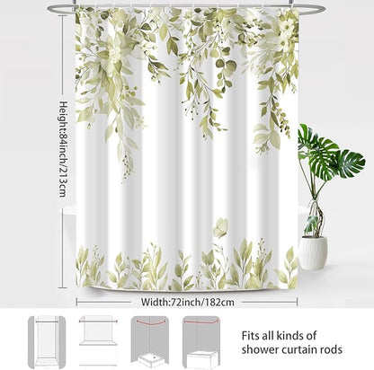 Beige Floral Eucalyptus Shower Curtain with Hooks, 72x84 Inch | Waterproof Fabric, Watercolor Leaves and Floral, Botanical Style, Machine Washable, Quick-Drying, for Hotel Bathroom