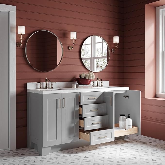 ARIEL Taylor 66-inch Bathroom Vanity with Sink,Solid Wood, 1.5-inch Carrara White Quartz Countertop & Backsplash, Double Rectangular Porcelain Sink, 4 Soft Closing Doors, 5 Dovetail Drawers, Grey