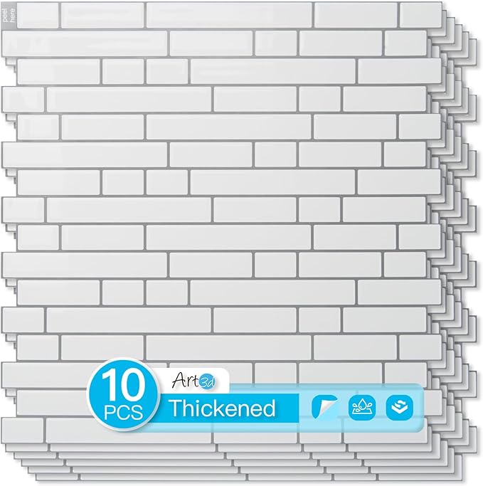 Art3d Linear Tile Peel and Stick Backsplash, 10-Pack, White with Gray Grout | 12 x 12 Inch, Enhanced Thickness, Warp Resistant, Strong Adhesion, Sturdy, for Kitchen, Bedroom, Ideal for Home Improvement