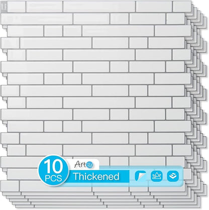 Art3d Linear Tile Peel and Stick Backsplash, 10-Pack, White with Gray Grout | 12 x 12 Inch, Enhanced Thickness, Warp Resistant, Strong Adhesion, Sturdy, for Kitchen, Bedroom, Ideal for Home Improvement