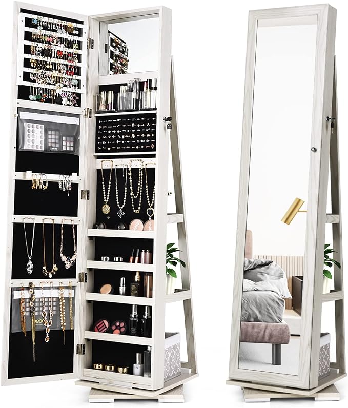 COSTWAY 360 Rotating Jewelry Armoire Cabinet, Standing Jewelry Organizer w/Full-Length Mirror & Large Storage Space, Lockable Mirror Jewelry Cabinet for Girls Women (White)