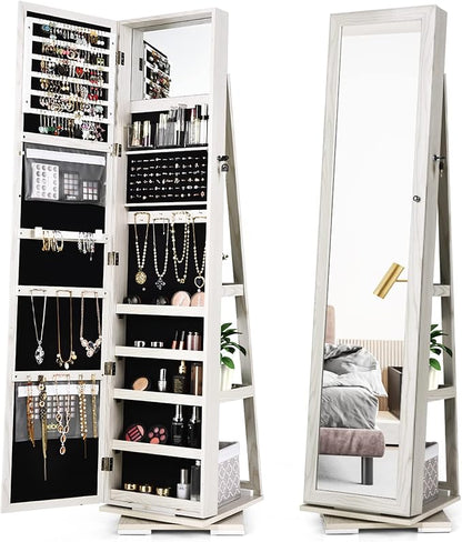 COSTWAY 360 Rotating Jewelry Armoire Cabinet, Standing Jewelry Organizer w/Full-Length Mirror & Large Storage Space, Lockable Mirror Jewelry Cabinet for Girls Women (White)