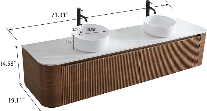 72" Preassembled Double Floating Bathroom Vanity with Round Sink, Walnut | Mid-Century Modern Style, Fluted & Soft-Close Drawer with U-shaped Wall, Sinterted Stone Countertop, Towel Rack Included