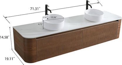 72" Preassembled Double Floating Bathroom Vanity with Round Sink, Walnut | Mid-Century Modern Style, Fluted & Soft-Close Drawer with U-shaped Wall, Sinterted Stone Countertop, Towel Rack Included