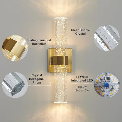 Wall Sconces Set of Two - Gold Sconces Wall Lighting 14W Dimmable LED Crystal Bathroom Light Fixture with Bubble Glass 15.7inch Indoor Vanity Lights for Bathroom Hallway Bedroom (2 Pack)