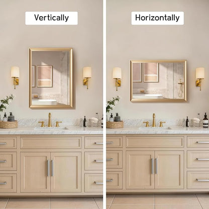 Gold Bathroom Mirror 22x30 Inch, Rectangle Vanity Mirror | Brushed Gold Bathroom Mirror for over sink, Bedroom, Entryway, Living Room, Aluminum Alloy Framed, Curved Wide Edge