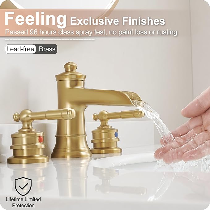 Gold Bathroom Faucet Waterfall, Brass 4-16 Inch Bathroom Faucets 3 Hole, Widespread 2 Handles with Pre-installed Water Hose & Pop-Up Drain for Vintage Vanity Washroom, 10 Mins Quick Installation