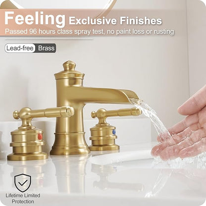 Gold Bathroom Faucet Waterfall, Brass 4-16 Inch Bathroom Faucets 3 Hole, Widespread 2 Handles with Pre-installed Water Hose & Pop-Up Drain for Vintage Vanity Washroom, 10 Mins Quick Installation