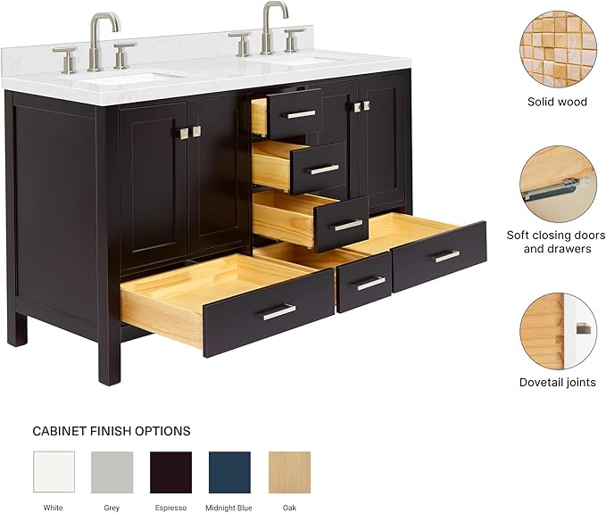 ARIEL Cambridge 60-inch Bathroom Vanity with Sink,Solid Wood, 1.5-inch Carrara White Quartz Countertop, Double Rectangular Porcelain Sink, 4 Soft Closing Doors, 6 Dovetail Drawers, Espresso