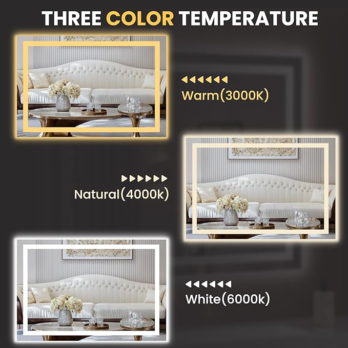 LOAAO 48"X24" LED Bathroom Mirror with Lights, UL Listed | Anti-Fog, Dimmable, 3 Color Temperature, Backlit + Front Lit, Memory Function, Tempered Glass
