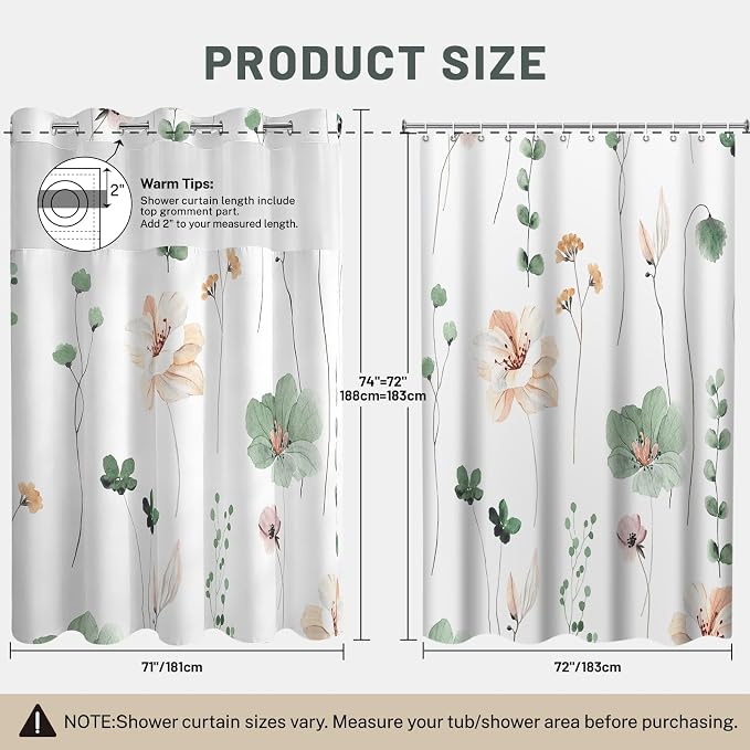 No Hook Floral Shower Curtain with Liner, Sage Green, 71x74 | Snap in Liner, 3 in 1, Water Repellent, Easy Install, Machine Washable, Hotel Style for Bathroom, Watercolor Pattern